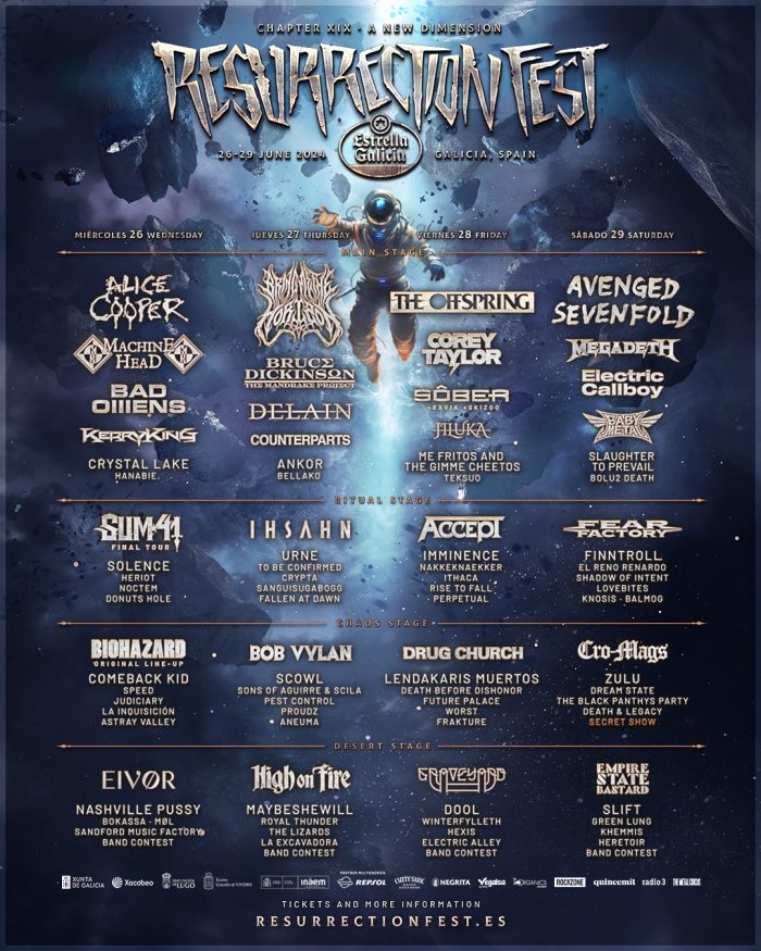 Cartel del Resurrection Fest por días. 
Avenged Sevenfold, Bring Me The Horizon, Alice Cooper, The Offspring, Machine Head, Sum 41, Megadeth, Bad Omens, Bruce Dickinson, Corey Taylor, Babymetal, Electric Callboy y Slaugther to Prevail. 