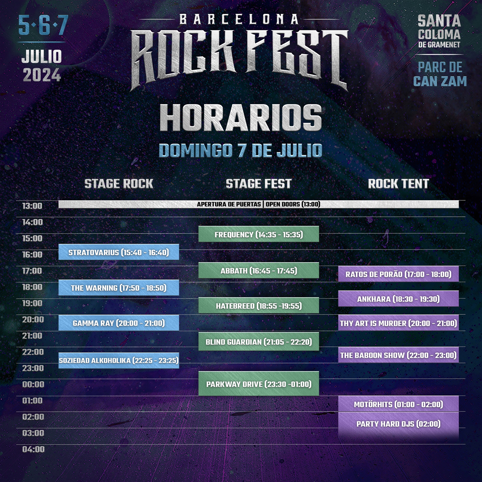 Horarios  domingo 7 de julio Barcelona Rock Fest 2024