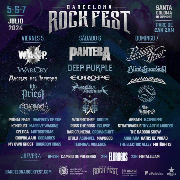 Cartel del Barcelona Rock Fest

Como últimas incorporaciones al cartel junto con su distribución por días se añadieron a W.A.S.P. (heavy metal) como último cabeza de cartel q y Cavalera (thrash/groove metal) que tocarán el primer día viernes 5 de julio.
Como se puede ver en el cartel, en la parte alta tenemos tres bandas que, a día de hoy, encabezan festivales internacionales. Las primeras confirmaciones fueron Parkway Drive (metalcore), Deep Purple y Europe (heavy metal), a su vez, se anunció a Blind Guardian, Stratovarius, Rhapsody of Fire (power metal), Michael Schenker Group, Ross the Boss, Ankhara (heavy metal), Eclipse, Worfmother (hard rock), Ángelus Apátrida (thrash metal) entre otras.

Para la segunda tanda, destacarían grupos como Gamma Ray (power metal), Abbath (tocando Immortal), Dark Funeral (black metal), Sodom (thrash metal), Hatebreed, The Baboon Show y Thy Art is Murder (deathcore).

La tercera y última tanda, la cual cerró el cartel completo, contó con las siguientes bandas: Pantera (groove), la cual encabeza el cartel definitivo y será el único concierto de la banda en España, Ratos de Porao (hardcore punk), Primal Fear (power metal), WarCry (power metal), los Soziedad Alkoholika (hardcore), Motosierras (punk), Ángeles del Infierno (metal), Terminal Violence (thrash metal) y Korpiklaani (folk).