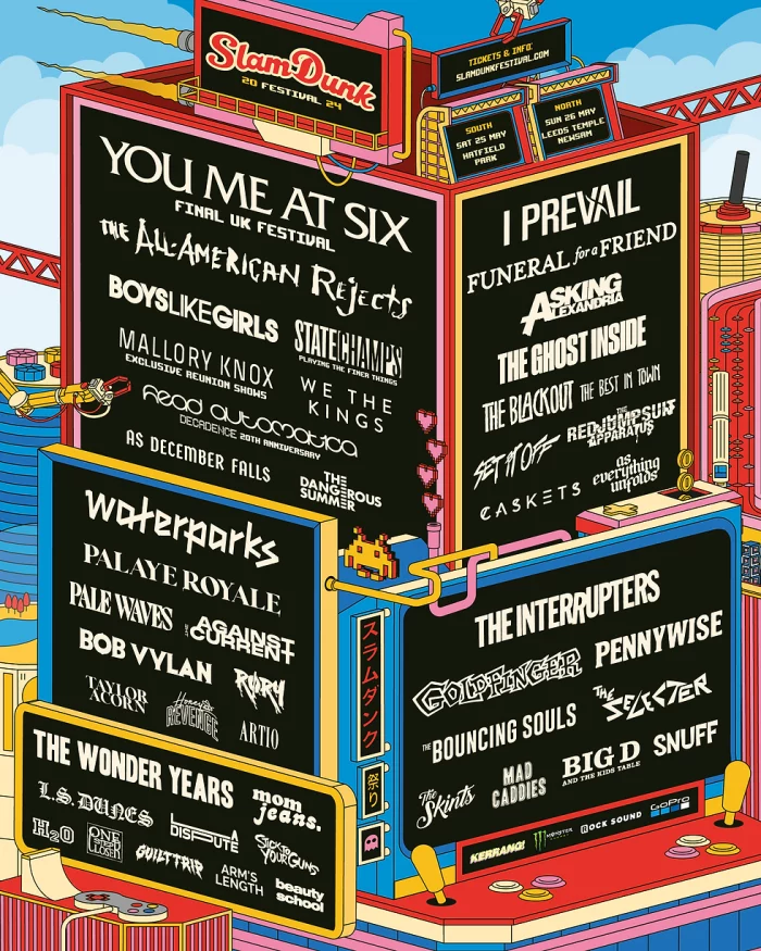 Festivales de verano 2024 Cartel del Slam Dunk 2024. Con bandas como You Me At Six, I Prevail, Funeral For a Friend, Asking Alexandria, The All-American Rejects, Boys Like Girls, State Champs, The Ghost Inside, Pennywise, The Interrupters....