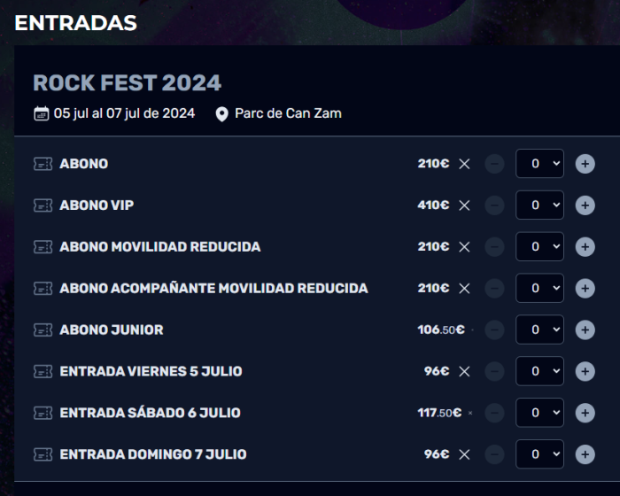 Precios de los diferentes tipos de abonos Barcelona Rock Fest