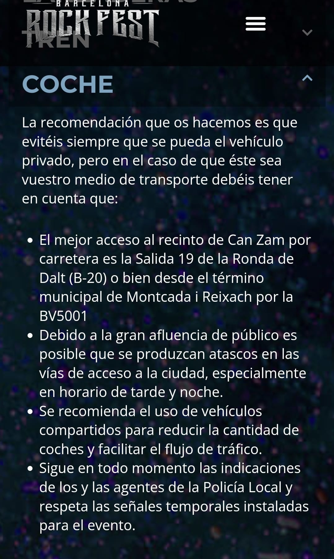 Acceso con coche en Barcelona Rock Fest 2024