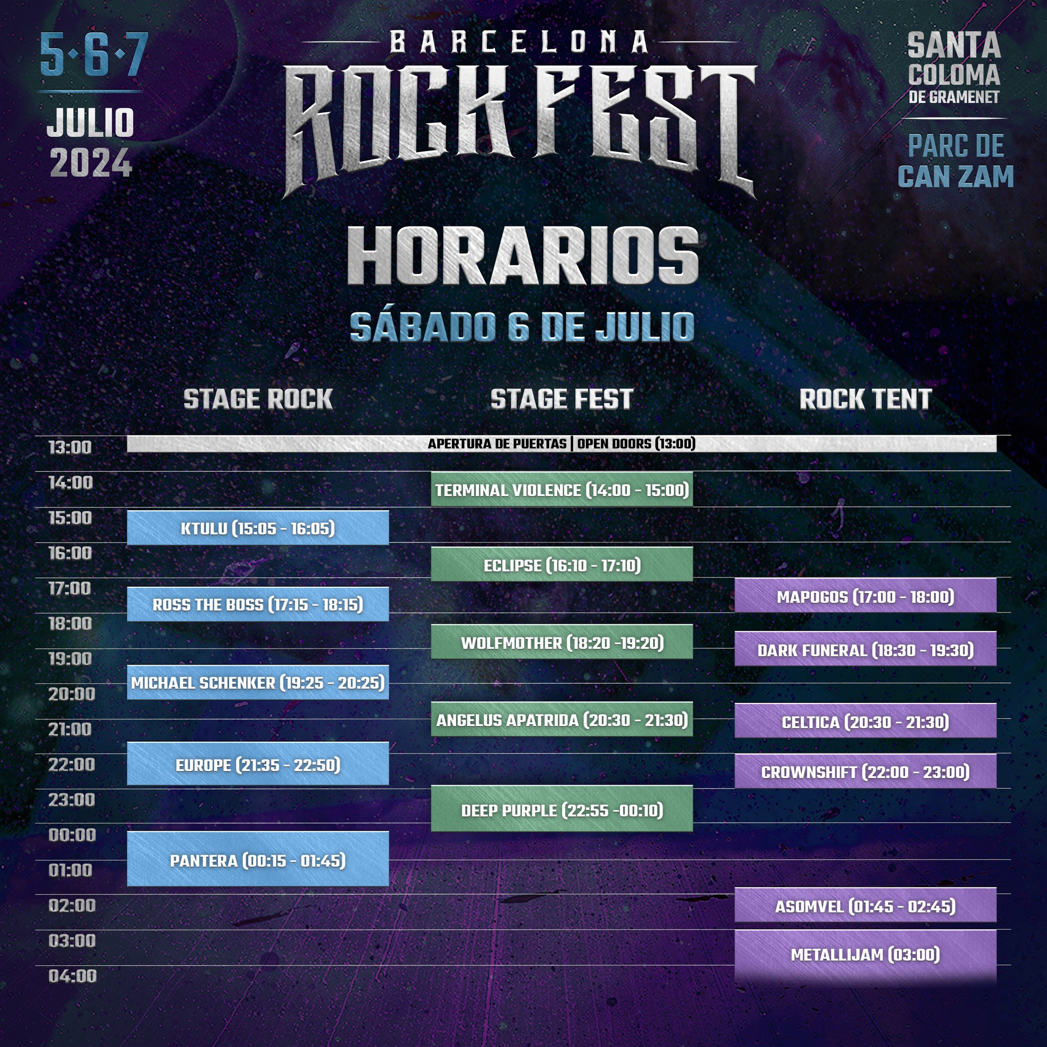 Horarios Sábado 6 julio Barcelona Rock Fest 2024