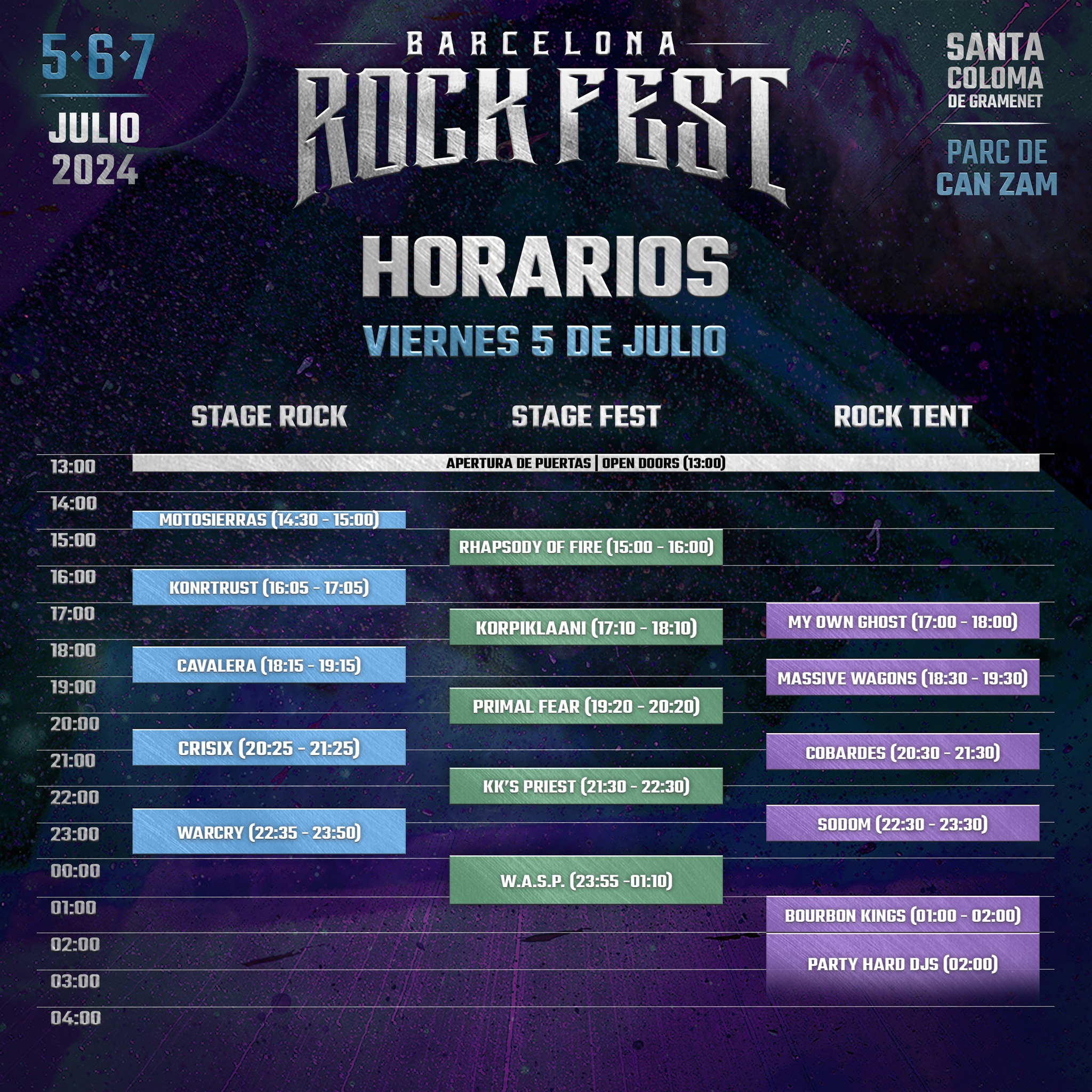 Horarios Viernes 5 julio Barcelona Rock Fest 2024