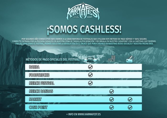 Distintos métodos de pago dentro del festival, incluyendo cashless